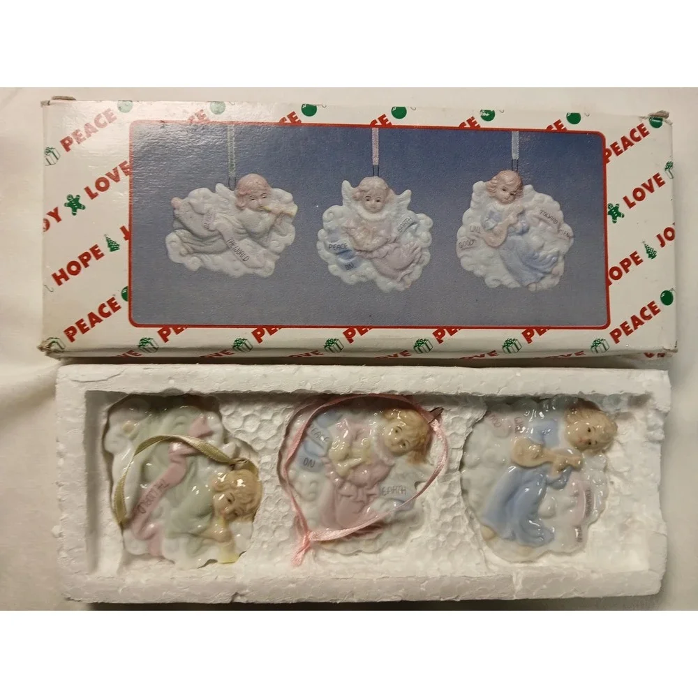 1996 Vintage H.O.L. 3 Ceramic Angel Ornaments Joy To The World Peace On Earth‎